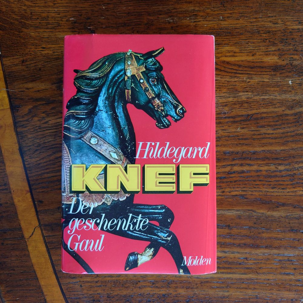 Cover der ersten Auflage, bebildert mit einem Schaukelpferd, das über Rückseite, Buchdrücken bis auf die Vorderseite reicht.