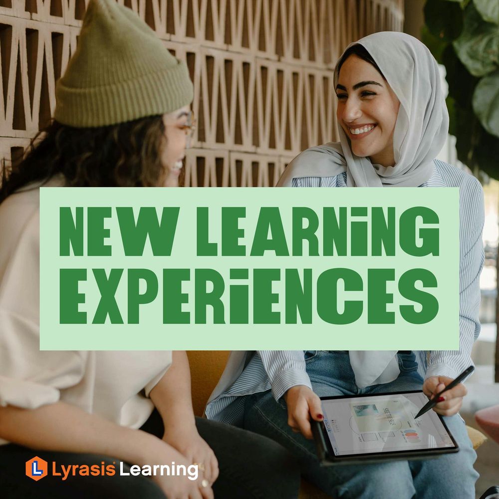 Two people smiling at each other in a workspace with a graphic that says "New Learning Experiences."