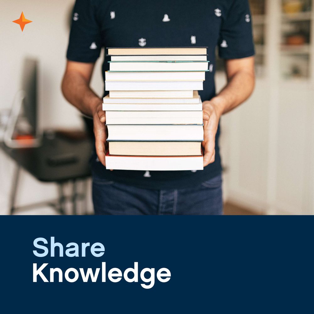 "Share Knowledge" with person offering stack of books. 