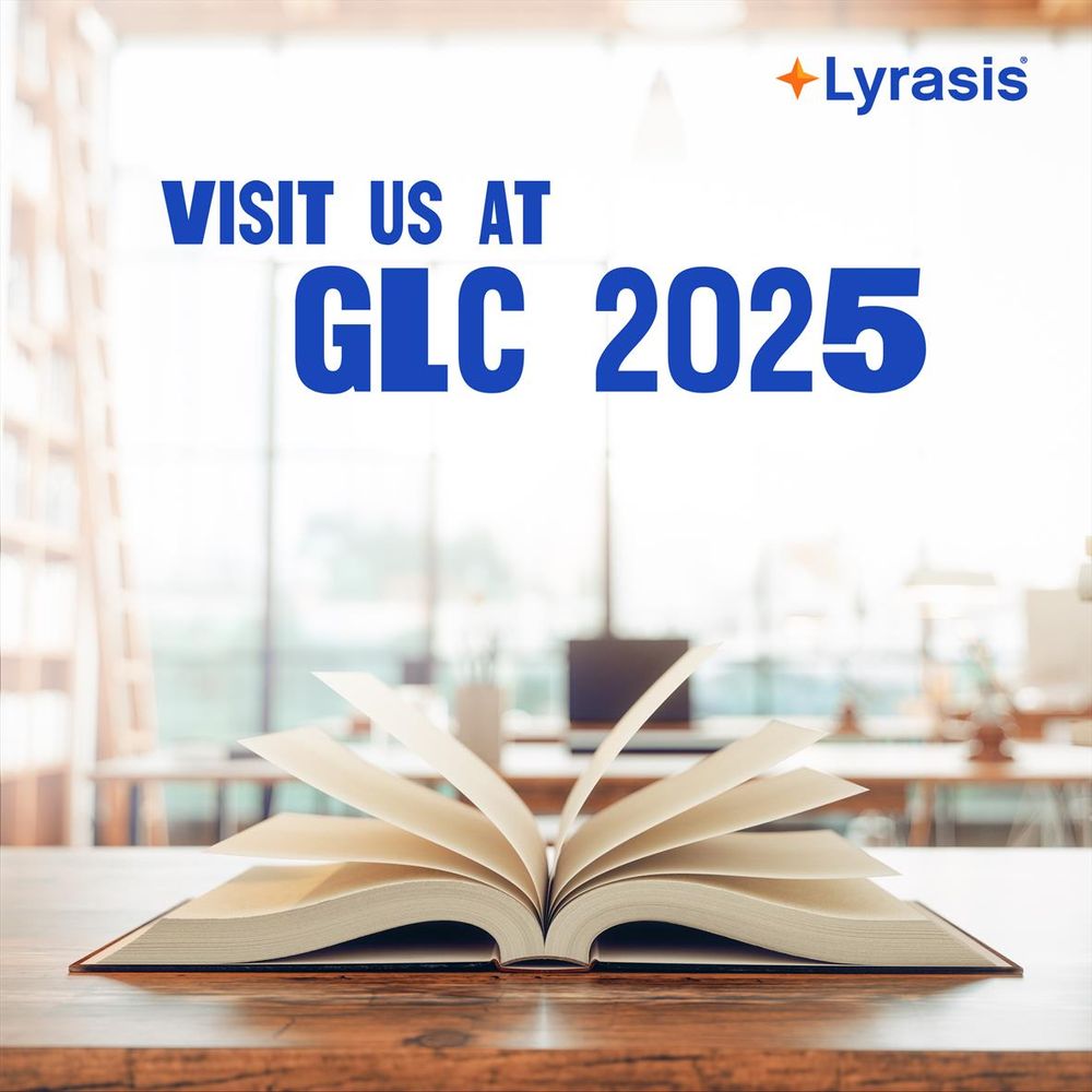 Open book on table below letterpress-style text that says "Visit Us at GLC 2025" with Lyrasis logo.