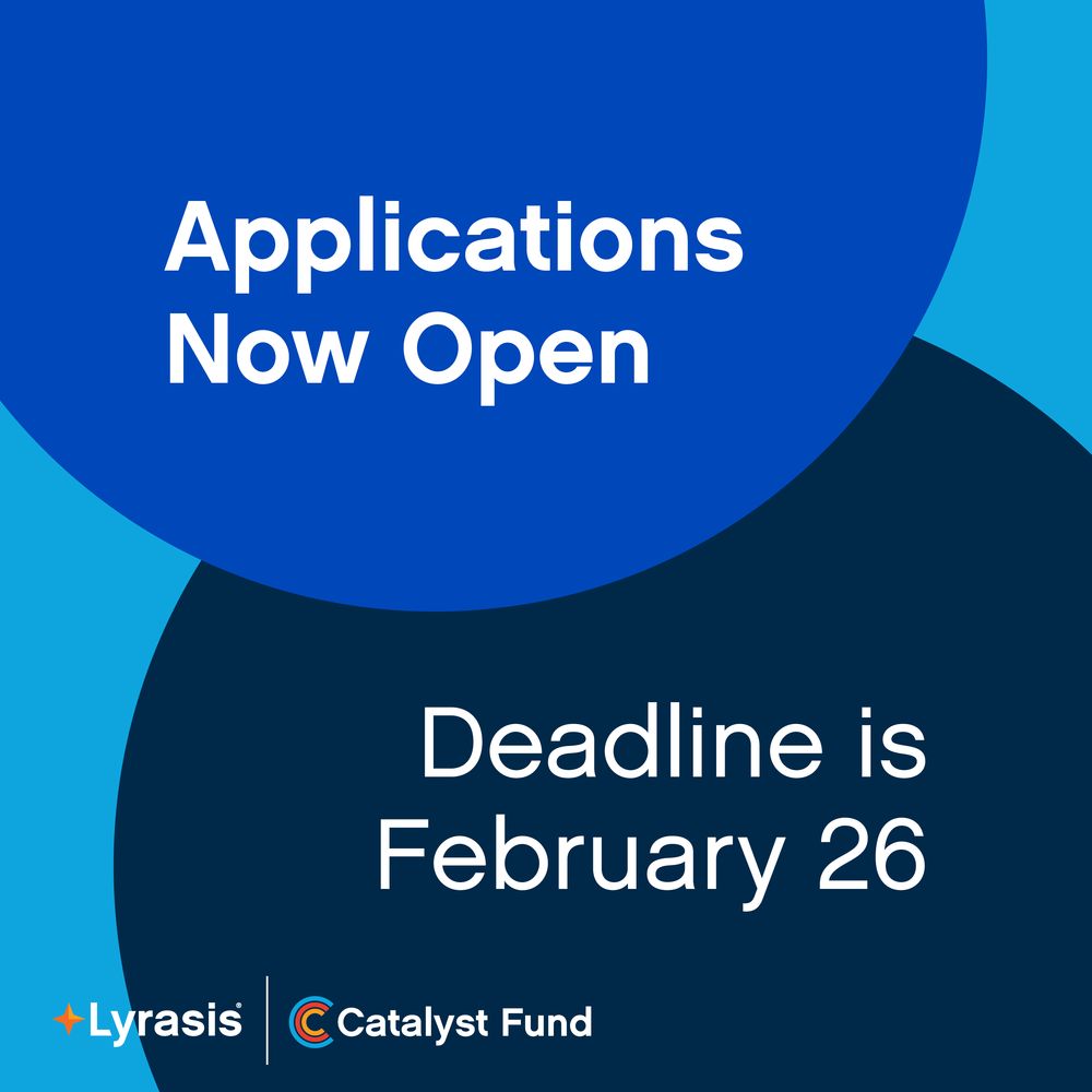 Bright blue circle that holds text that says "Applications Now Open" overlaps a dark blue circle that holds text that says "Deadline is February 26."