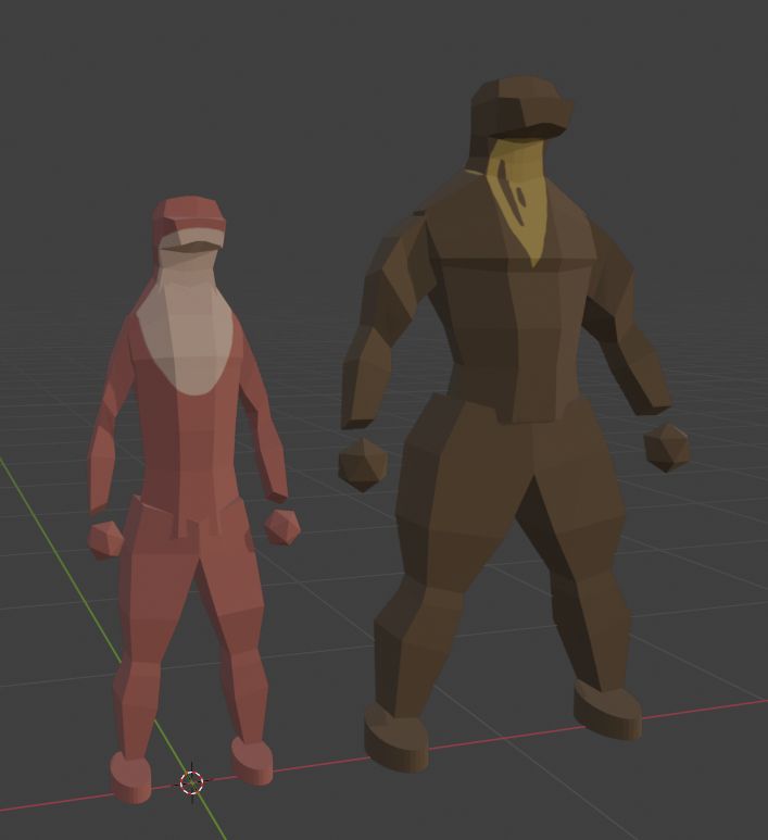 A screenshot of Blender showing two low-poly models of anthro otters, one slimmer and shorter, the other taller and muscular.