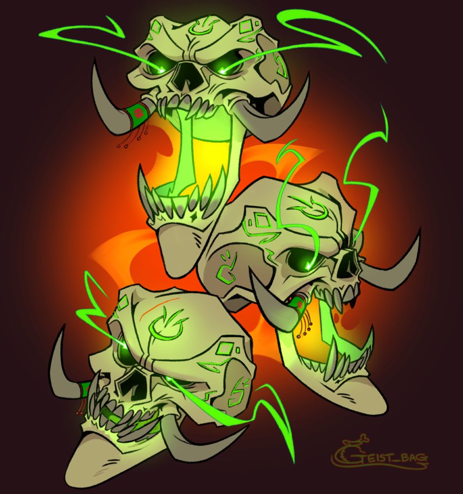 Three skulls of the same troll on a red backdrop. They are carved with runes and glowing with fel energy.