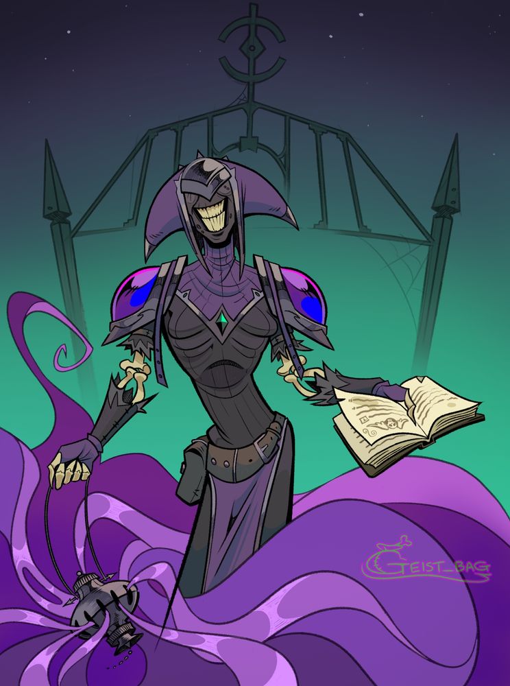 A thin, undead woman walking through a cemetery gate. She is swinging a censer that is emitting a deadly purple plume. In her other hand, a book of prayer. Across her face--a creepy, wide smile.