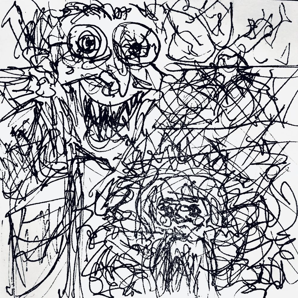 a messy and warped representation of a mad old man and a cherub/angel. the background features a chain link fence with a sun shining through it