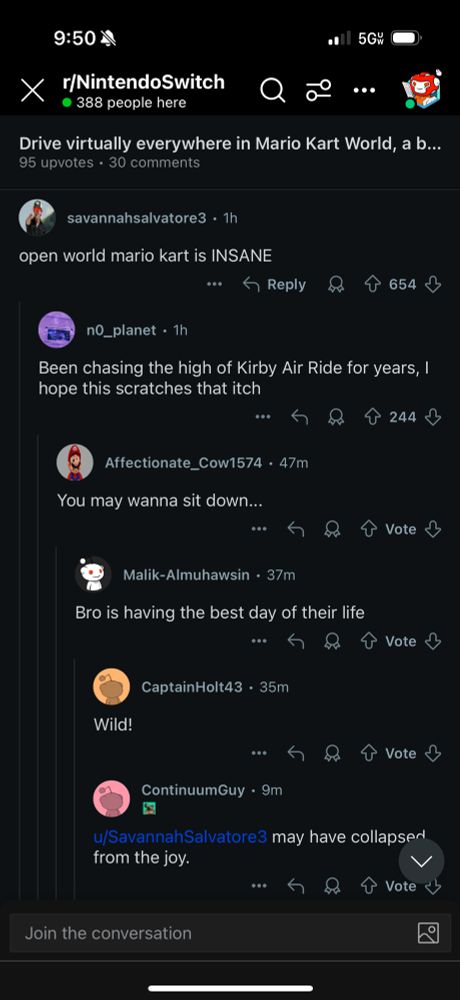Screenshot of Reddit conversation where user prays that MarioKart World is something like Kirby Air Ride, “a high he has been chasing for years,” users flock to tell him a new Kirby Air Ride is just announced 