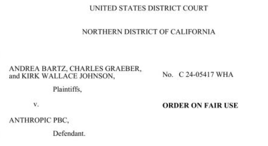 UNITED STATES DISTRICT COURT NORTHERN DISTRICT OF CALIFORNIA / ANDREA BARTZ, CHARLES GRAEBER, and KIRK WALLACE JOHNSON, Plaintiffs, V. ANTHROPIC PBC, Defendant. No. C 24-05417 WHA ORDER ON FAIR USE 