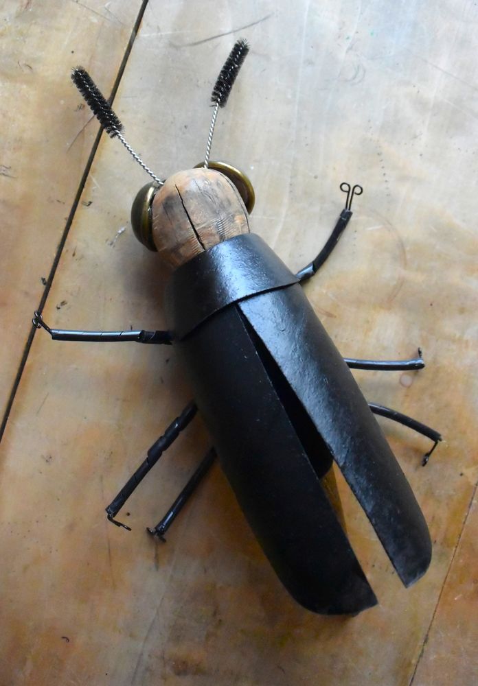 Die handtellergroße Figur eines Käfers ist aus einem Aststück geschnitzt und besitzt Augen aus großen matt leuchtenden Messingknöpfen. Durch Umwicklung mit schwarzem Trikotstoff wurde der Leib geformt, aus dessen Unterseite die sechs Beine herausragen. Diese bestehen aus lackschwarzen Kabelsammlern, die in Füßchen aus schwarzen Kleiderhäkchen enden. Flügel und Brustschild sind aus einer zugeschnittenen schwarz lackierten Papprolle gebildet. Die Fühler sind kleine Bürsten aus dem Kaffeemaschinenbedarf.