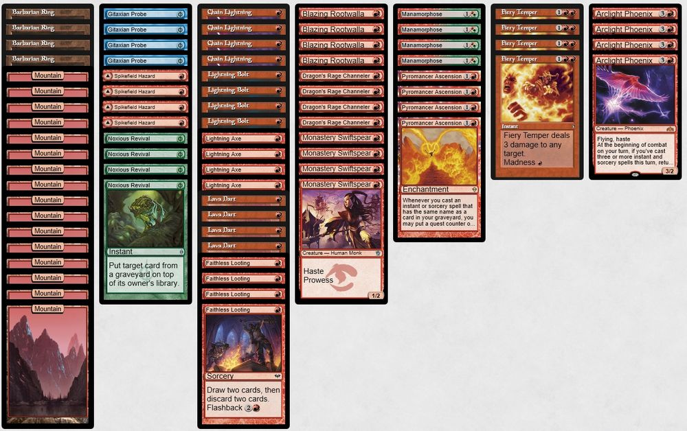 4 Barbarian Ring
16 Mountain
4 Gitaxian Probe
4 Spikefield Hazard
4 Noxious Revival
4 Chain Lightning
4 Lightning Axe
4 Lava Dart
4 Faithless Looting
4 Blazing Rootwalla
4 Dragon's Rage Channeler
4 Monastery Swiftspear
4 Manamorphose
4 Pyromancer Ascension
4 Fiery Temper
4 Arclight Phoenix 
4 Lightning Bolt