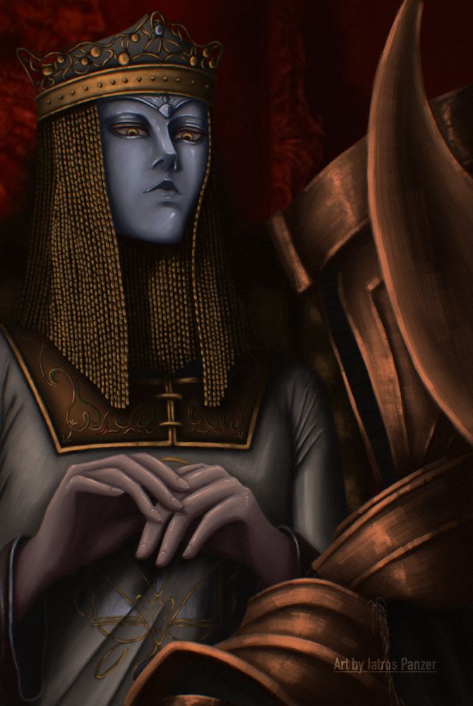 Lady Tanith and her crucible knight at Volcano Manor