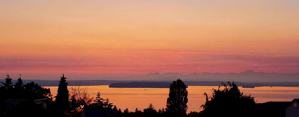 Orange and pink skies, reflecting over water at sunset