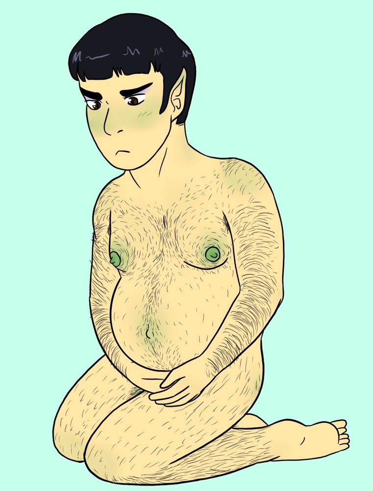 a drawing of aos spock nude and pregnant, sitting on his knees and supporting his belly with his hands. his nipples are swollen and flushed green and his face is flushed too. he has a shy look on his face