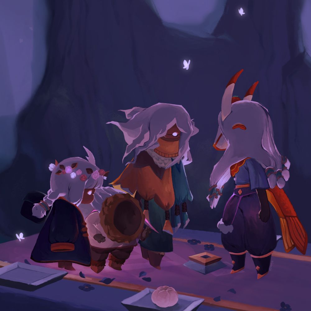 A digital painting based on Sky: Children of the Light. Four players stand atop grandmother's table in the Elevated Clearing in Hidden Forest.