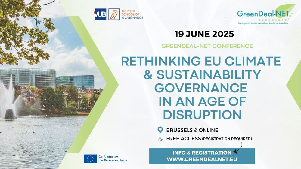 Graphic card that advertises conference "Rethinking EU Climate and Sustainability Governance in an Age of Disruption" with small accompanying photo of glass building next to trees and water