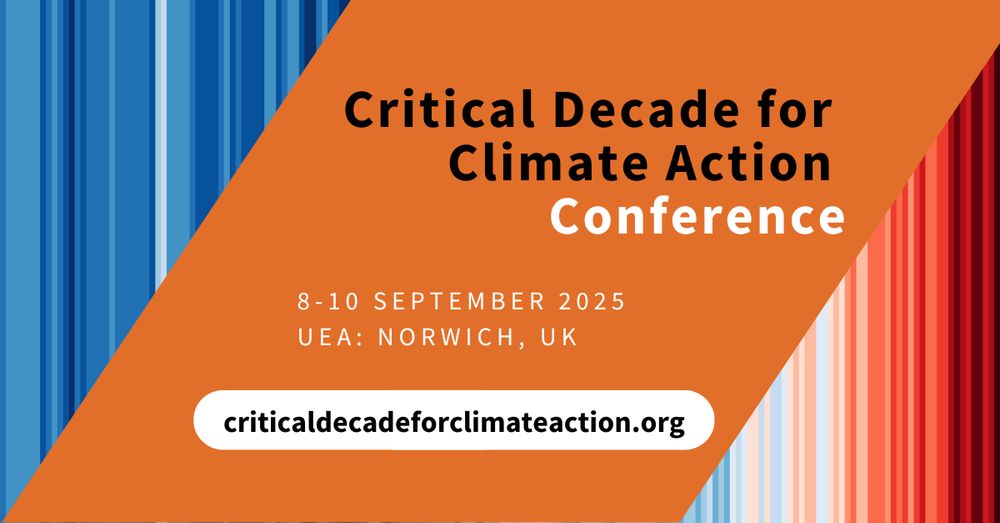 Graphic image of the Critical Decade for Climate Action Conference and event details with Tyndall Centre for Climate Change Research branded orange banner against the backdrop of the climate stripes image, created by Professor Ed Hawkins at the University of Reading