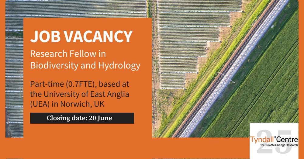 Graphic card that reads "Job vacancy: Research Fellow in Biodiversity and Hydrology" at the Tyndall Centre for Climate Change Research. This is orange text box laid over aerial photograph of neatly arranged agricultural landscape where rows of crops are covered with protective white textiles, creating a striking pattern of green and white lines across the farmland. Photo by Bernd Dittrich on Unsplash