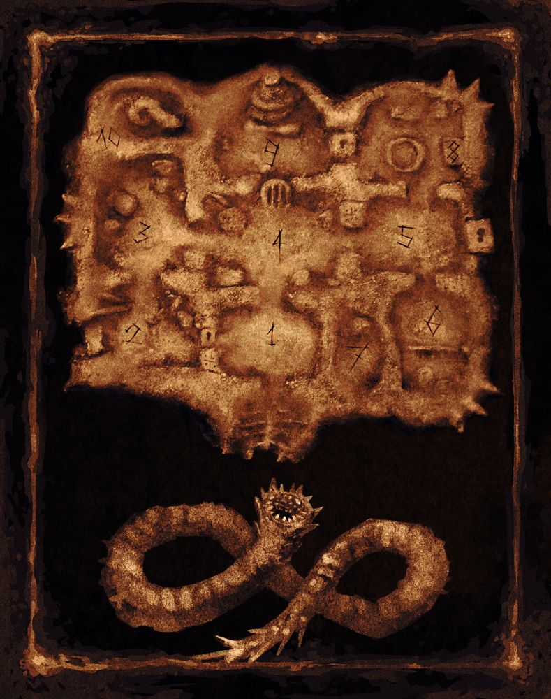A map depicting a dungeon made from clay. Underneath a worm with many rows of teeth and a gnarly tail.