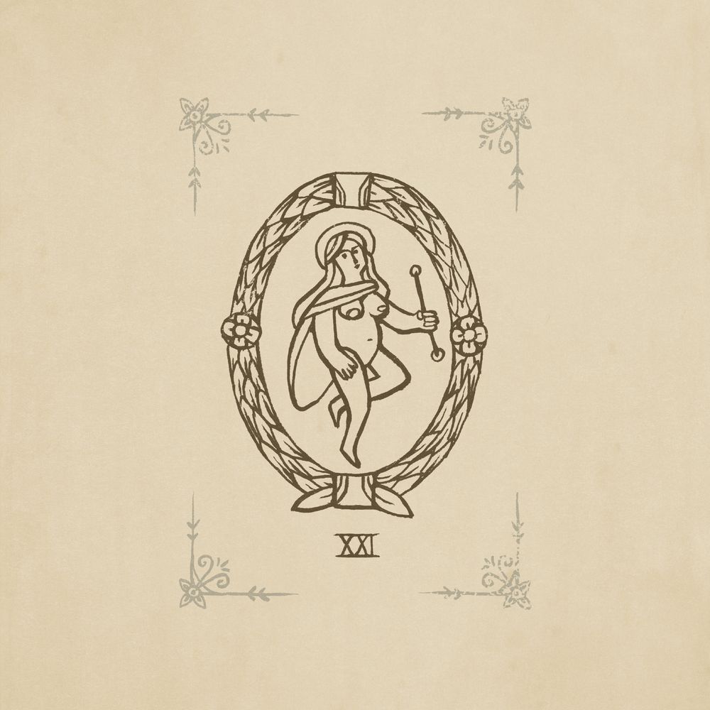 A naked woman with a halo is wearing a cape and is holding a wand. Around her is a wreath with two flowers on either side of her. 
