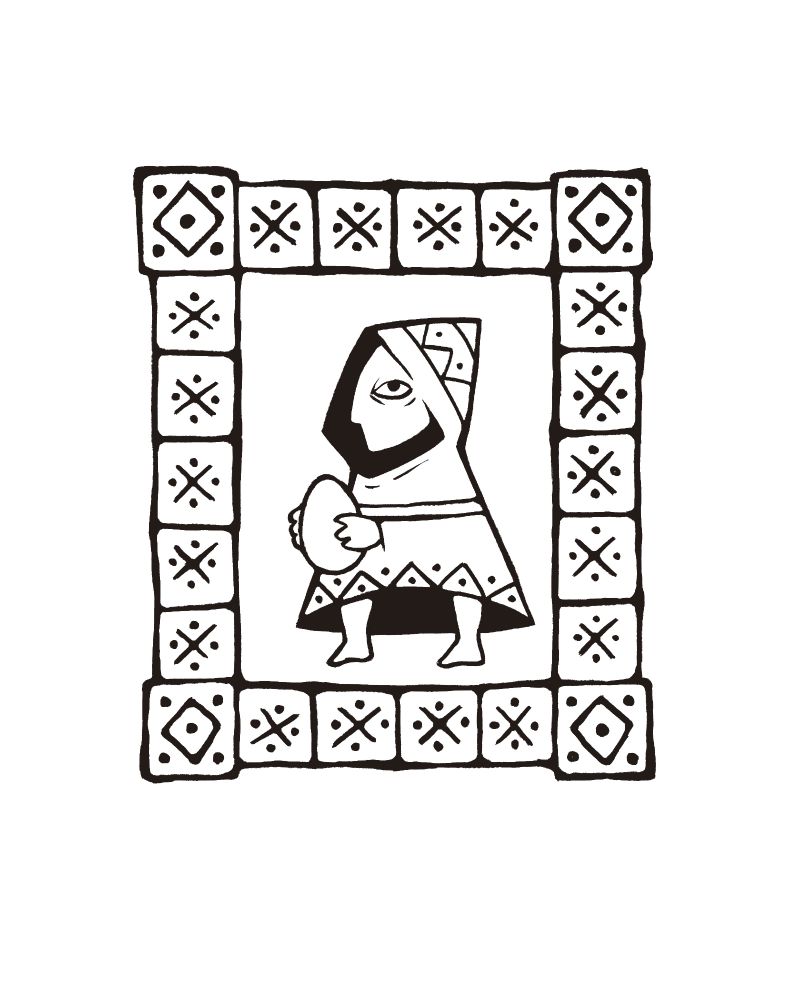 a woodcut like depiction of a gnome holding an egg