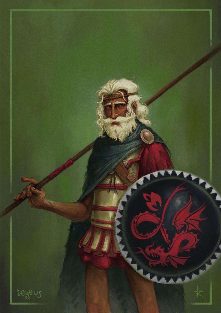 An old white haired male soldier wearing ancient greek armor, a black shield depicting a dragon and a long spear.
