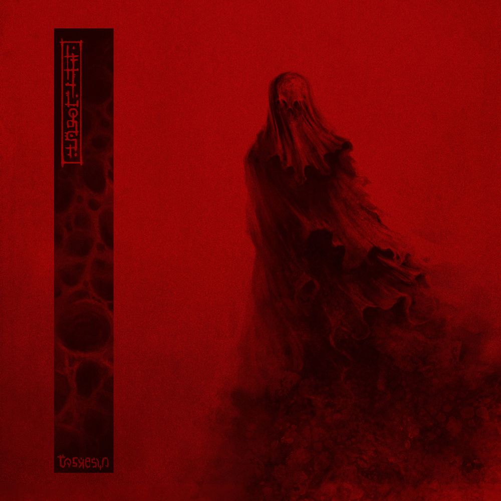 A figure shrouded in flowing cloth. The transparent veil over the head reveals a skull. The whole image is in an intense red.