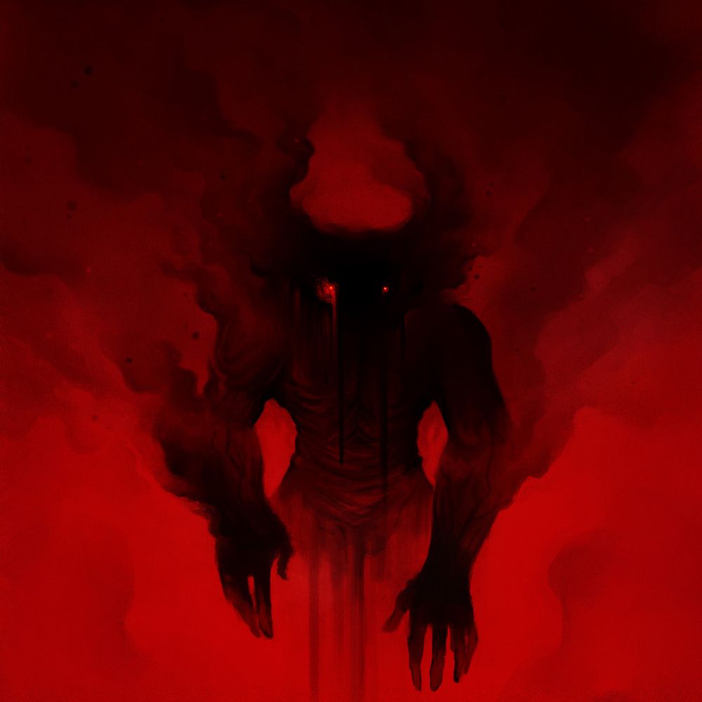 A dark figure emerging from an intense red fog. It has two horns and dark smoke is emiting form its form. The face is in shadow but for two glowing eyes.