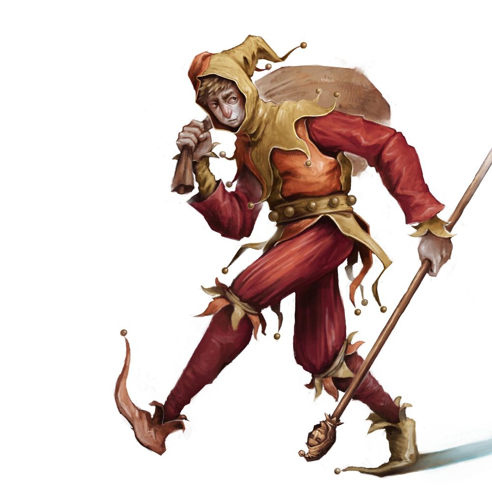 A fool wandering in a white void. He is carrying a sack over his shoulder and a long wooden staff with a jester head on the end.