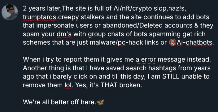 I went past the character limit ranting about the dead bird site.. so i screenshot it instead.