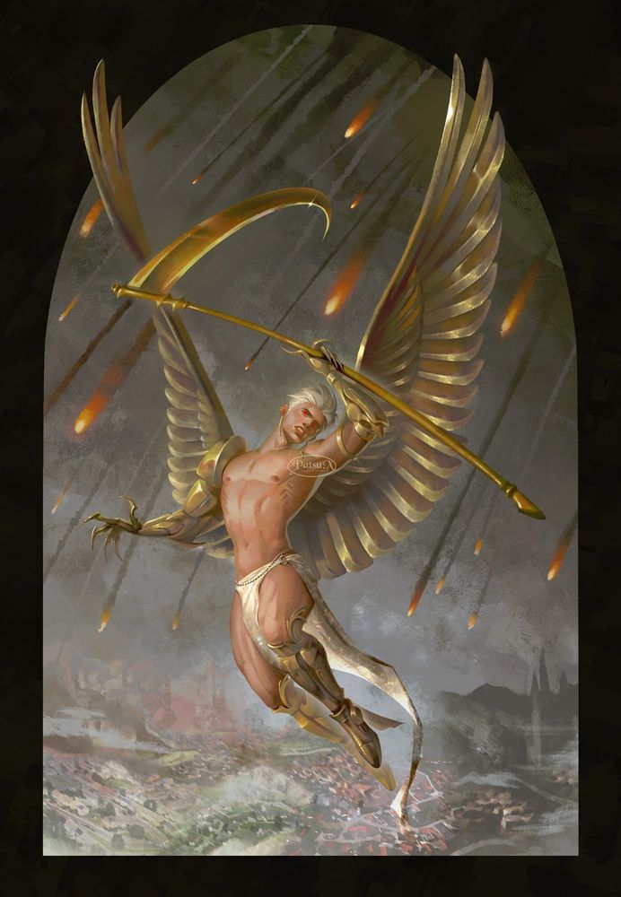 Digital painting of a warrior angel. He has golden, metallic wings, and he's donning an armor on his right arm, and both his lower legs. He is wielding a giant golden scythe as he flies over a cityscape that is being rained upon by falling stars.
