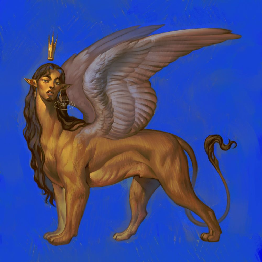 Digital painting of a male sphinx; a winged lion with a man's head, with long wavy hair and a small crown floating on top of his head.