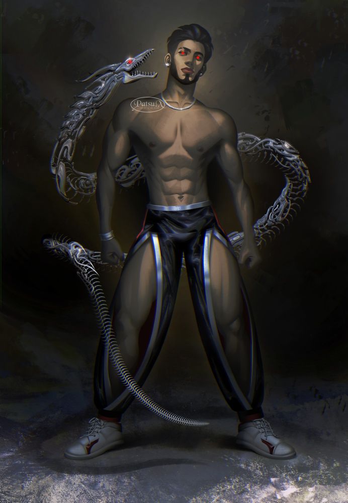 Digital painting of a man with diamond earrings, a chain necklace and bracelets on his right wrist. He is wearing jogging pants with open seams that expose his upper thighs, knees and calves, and he is wearing rubber shoes.

Circling around his is a chrome colored, serpentine dragon with red eyes.