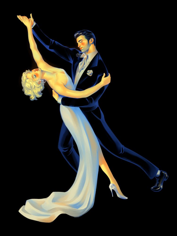 Digital painting of a heterosexual couple, dancing / waltzing. The woman is wearing a white dress and a pair of silver heels, and the man is in a black suit. 