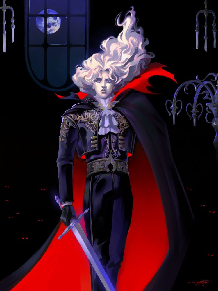 Digital painting of video game character "Alucard" from the Castlevania franchise, wearing a dramatic vampiric cloak, his signature sword, with elements of the background upside down, referencing the "Inverted Castle".