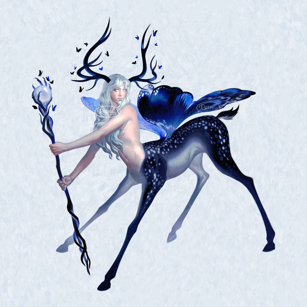 Digital painting of a deer centaur. He has long snow white hair that drapes over his chest, goatee, and a pair of velvety black antlers with a blue-ish sheen. His centaur body is of a black stag with a white belly. and white spots sprayed across its back. On its back is also a pair of medium sized butterfly wings with blue markings and coloration. He is wielding a staff that's seemingly made of gnarled organic material, perhaps wood, and on its end is a pair of reptilian hands, holding a white crystal ball. There is a flurry of black and blue butterflies swirling around him.