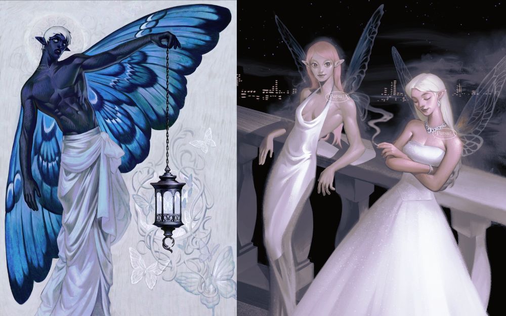 Collage of two digital paintings.

Image on the right: fairy with giant blue morpho butterfly wings and a faint halo, holding a lantern that attract butterflies.

Image on the left: Digital painting of two fairies hanging out on a balcony overlooking a cityscape. One fairy is wearing a gown and jewelry, smoking a cigarette, and the other one is wearing a form fitting satin dress, leaning on the bannister. She is earnestly looking at the other fairy.