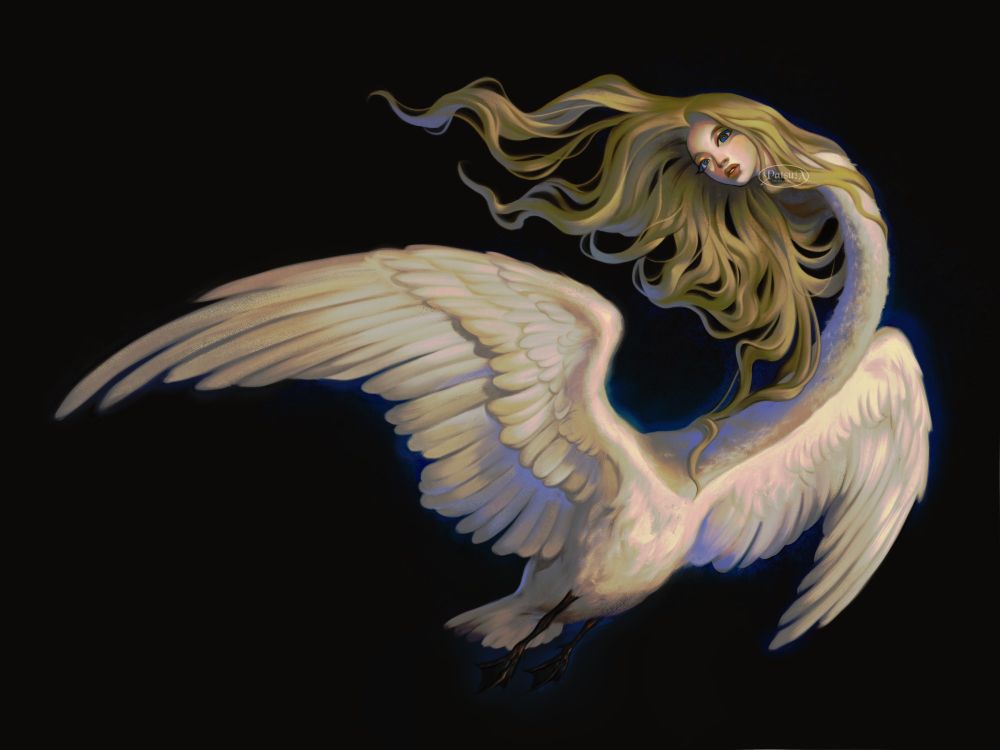 Digital painting of a swan with a woman's head, her wings spread and her hair flowing in the wind.