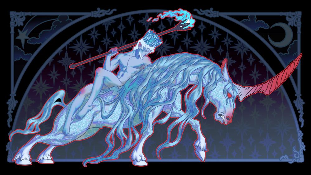 Digital illustration of a struggling unicorn treading forward, while carrying a man on its back. The man is holding a staff yielding a blue flame, and he is wearing an icy crown. The unicorn's legs look like they're about to give up, with their back straining under the weight, its wispy hair trailing the earth, and its giant unicorn horn blaring red.