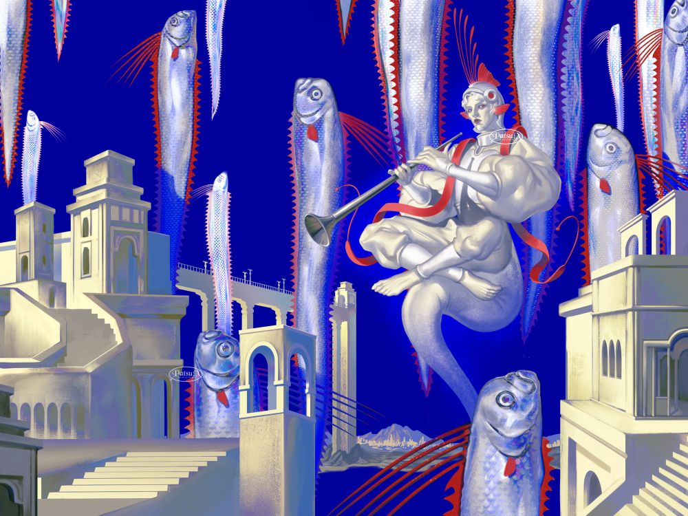 Digital painting of a giant ominous man, sitting cross legged, levitating in the sky, surrounding by flying giant oarfish, overlooking structures and buildings. 

The man is a merfolk; mostly humanoid, but with a giant oarfish tail that he's sitting on. He's dressed in a religious tunic, with a red band resting over his shoulders, a helmet fashioned to look like an oarfish head, and he is holding a horn closely, as if he's about to blow it. The his sclera are bloodshot.

Around him are dozens of giant oarfish, rising from the sea and floating mid-ar. Beneath them are deserted buildings, homes and infrastructures.