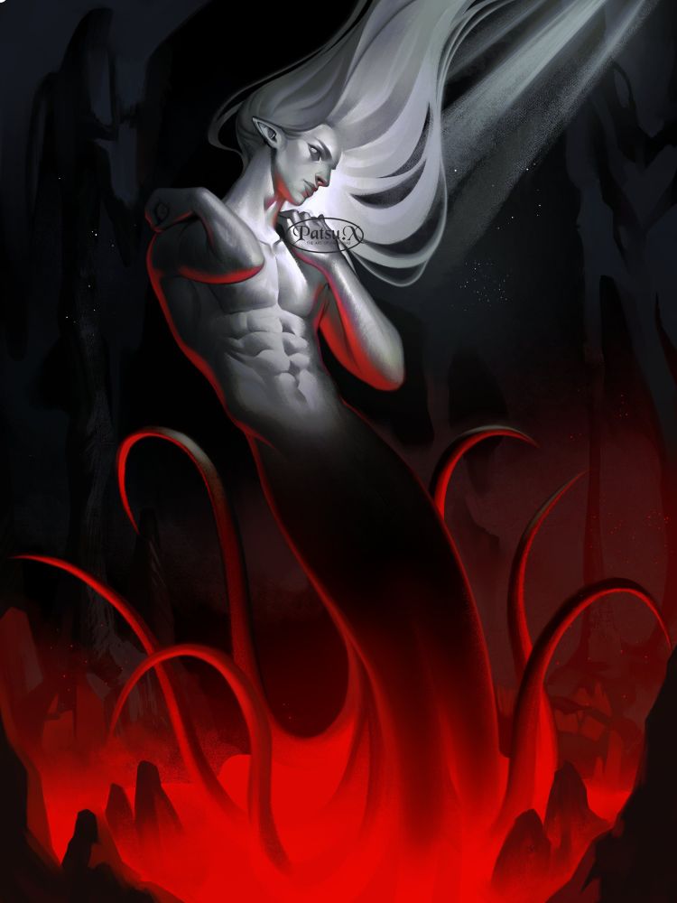 Digital painting of a merman with an octopus lower half under dramatic lighting.
