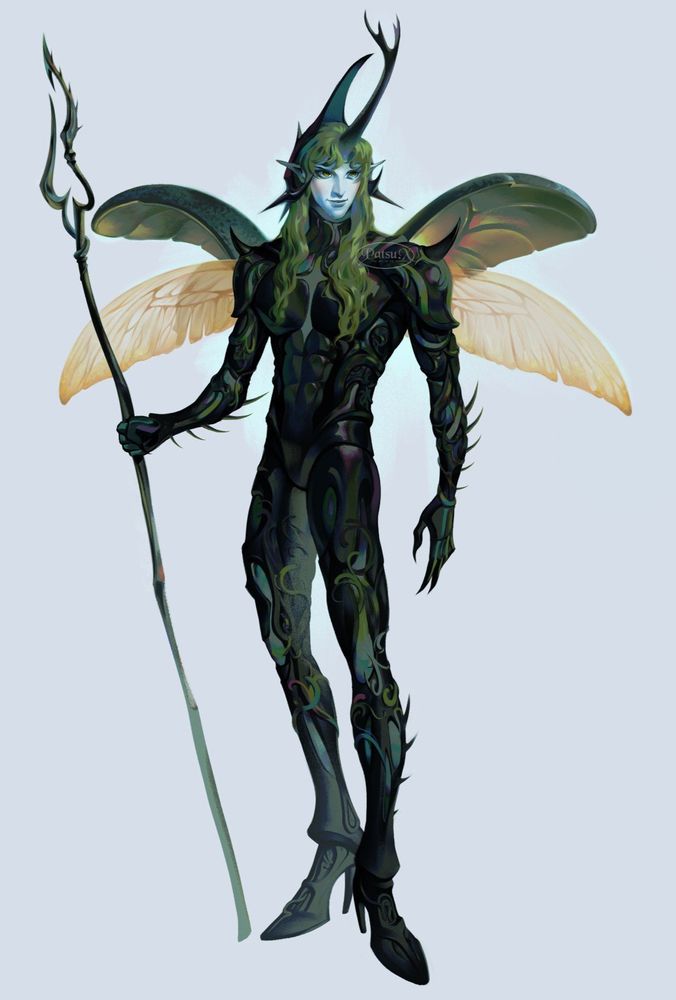 Digital painting of a fairy knight. He has pale blue skin, green hair, and he is covered in spiny black armor from head to toe. He has a beetle horn in the middle of his head, and a beetle helmet to match, as well as small beetle wings. He is also wielding a gnarled spear.