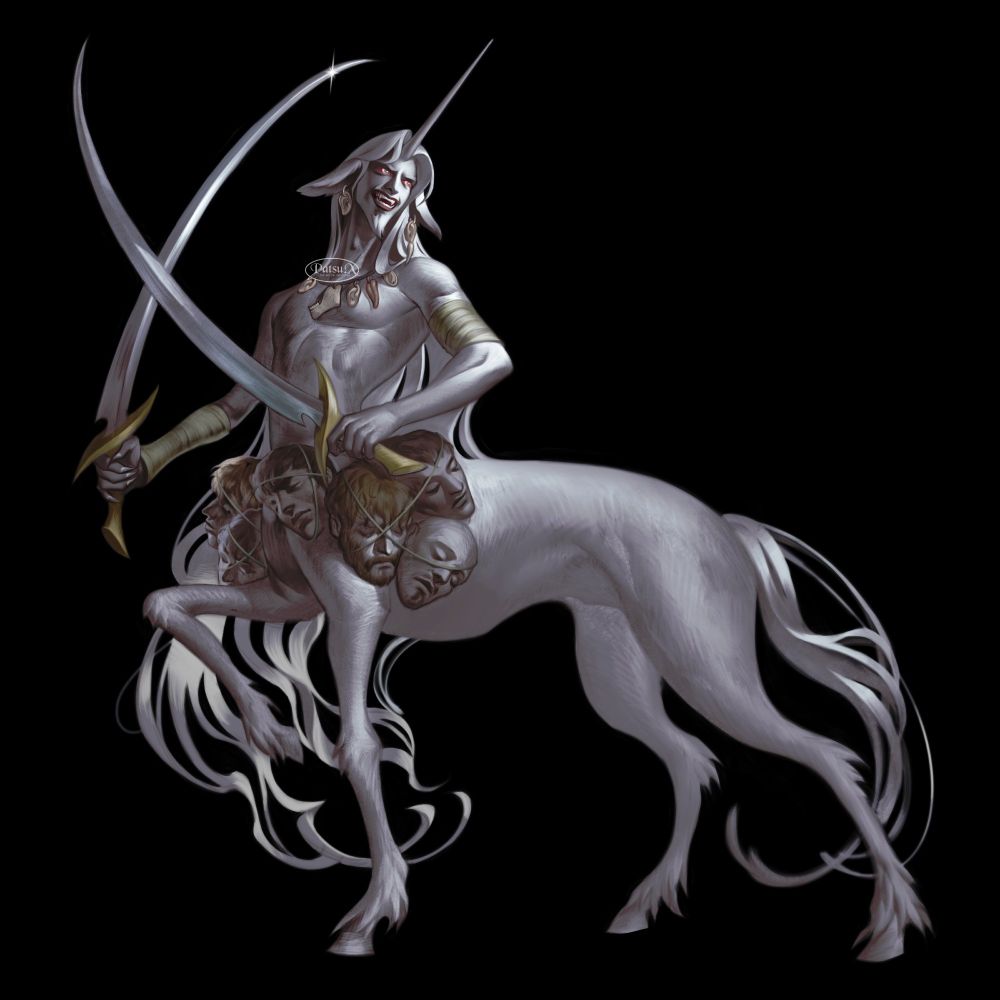 Digital painting of a centaur. He has a unicorn horn on the middle of his forehead, his sclera are bloodshot but his iris are icy and blank, and he is baring a devious sinister smile. He is wearing a necklace made of severed ears, tongue, and jaw-bone, and there are several decapitated heads hanging by his waist. He is wielding two curved blades.