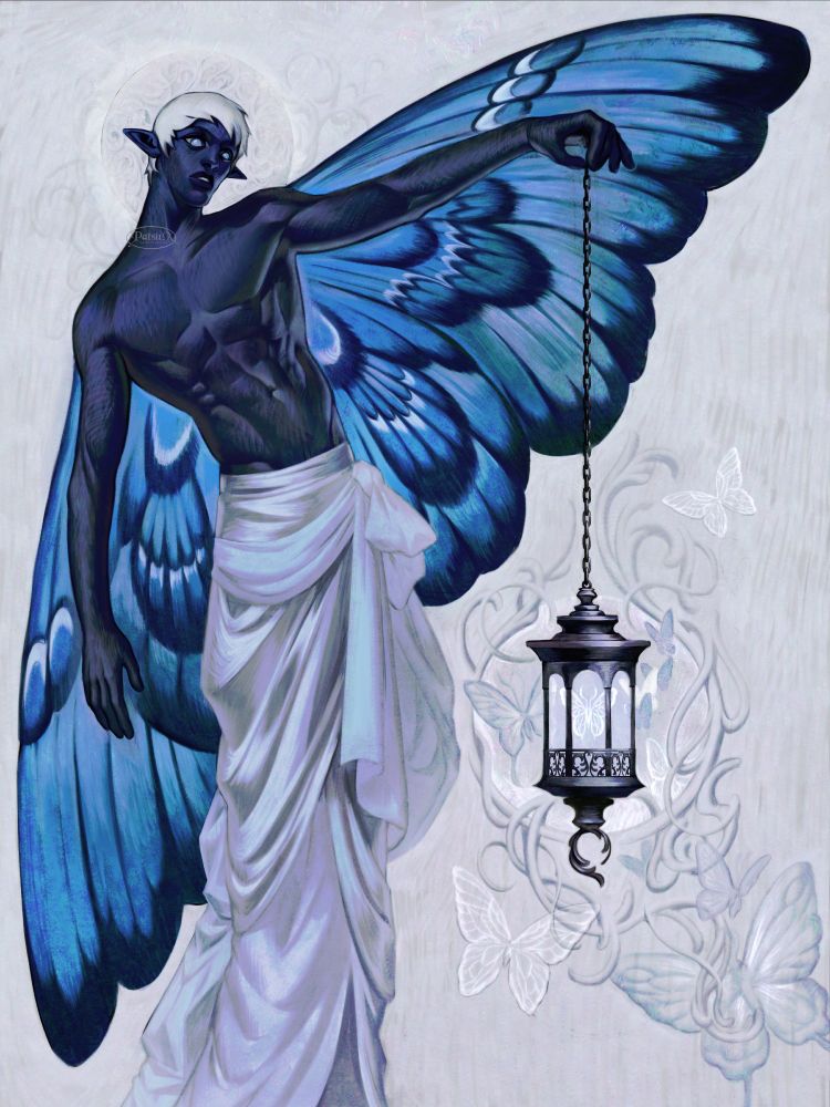 fairy with giant blue morpho butterfly wings and a faint halo, holding a lantern that attract butterflies.