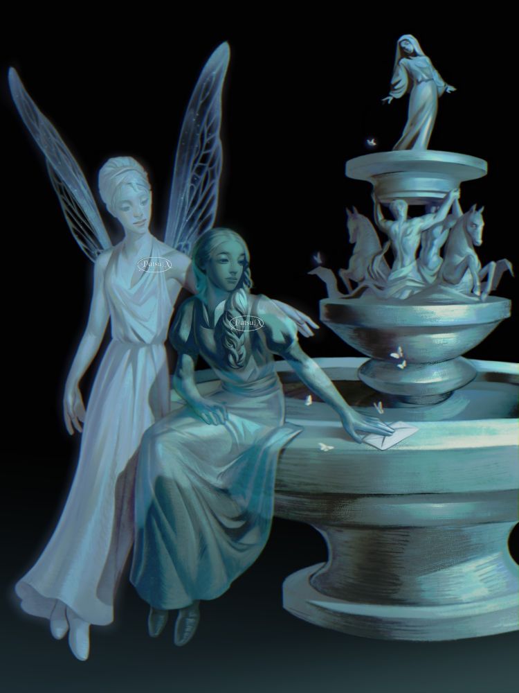 digital painting of a ghost and an angel by a fountain. The ghost is a see-through specter, wearing a long dress and she is putting down a sealed letter on the fountain she's sitting on. An beautiful angel with butterfly wings, wearing a ghostly dress, is putting her arm around the ghost's shoulder with a reassuring expression. They seem to be heading somewhere.