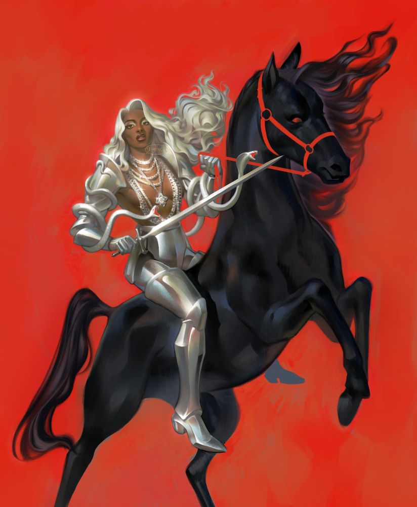 Digital painting of Megan Thee Stallion. She has platinum blonde hair, armor on both her arms and lower torso, and her chest is covered in jewelry. Twin snakes slither around her arms as she wields a sword and pulls the reigns on her black steed.