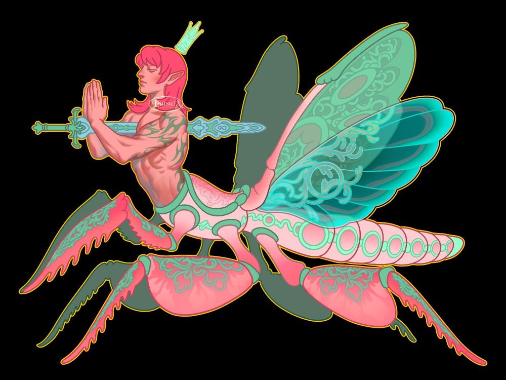Digital illustration of a half man, half orchid praying-mantis hybrid. The creature has an upper torso of a human in a praying gesture, with a teal crown floating on his head, and a teal sword impaled through his chest and out his back. His mantis half is doing the same gesture, and its wings are splayed open.

The character's skin is a pale pink with rosy pink hair and mantis legs, but with teal green embellishments; his upper torso has green tattoos, and his mantis body is adorned in ornate patterns, and his wings are a vibrant teal and turquoise color.