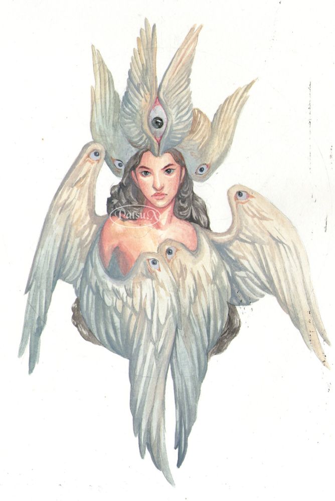 Gouache painting of torso of an angel/seraphim. She hasbrown hair, and her head is surrounded by small bird wings, posed in a way that the negative space between the pair forms a giant human's eye Around her torso are two pairs of wings, all of which have human eyes on the joints.