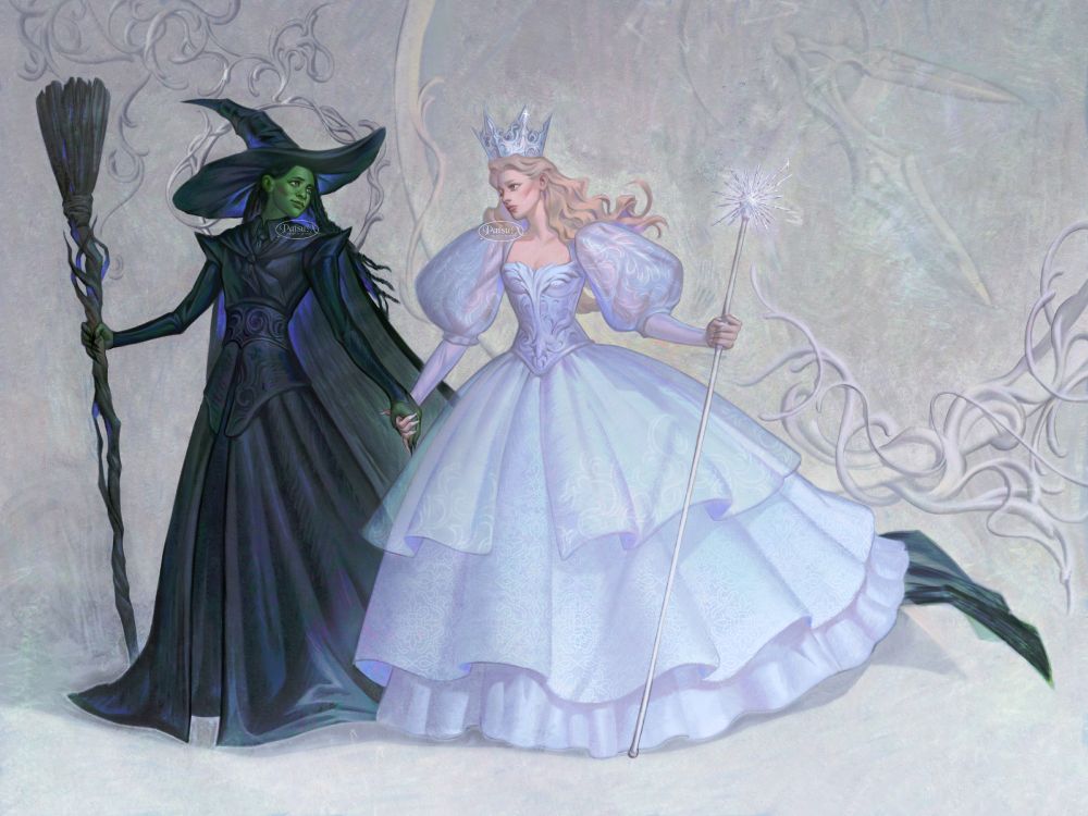 Digital painting of Elphaba and Galinda from Wicked. Elphaba is wearing a sleek black outfit, a wider brimmed witch hat, and she's holding her broom. She is holding the hand of Glinda, who's wearing a white ball gown a sparkly crown, and she's holding her wand. They are earnestly looking at each other.