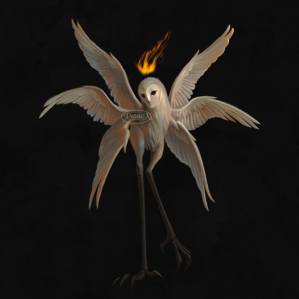 Digital painting of Stolas, a winged demon. He has a body and face of a barn owl, but he has extremely long bird legs, three pairs of wings, and a flaming crown on top of his head.