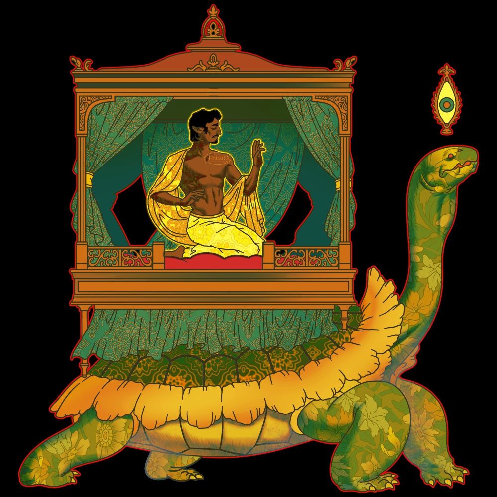 Digital illustration of a deity. He is sitting on an altar placed atop the carapace of a giant tortoise. There are plenty of ornate patterns in the illustration, and the color scheme is a mix of warm greens and yellows.
