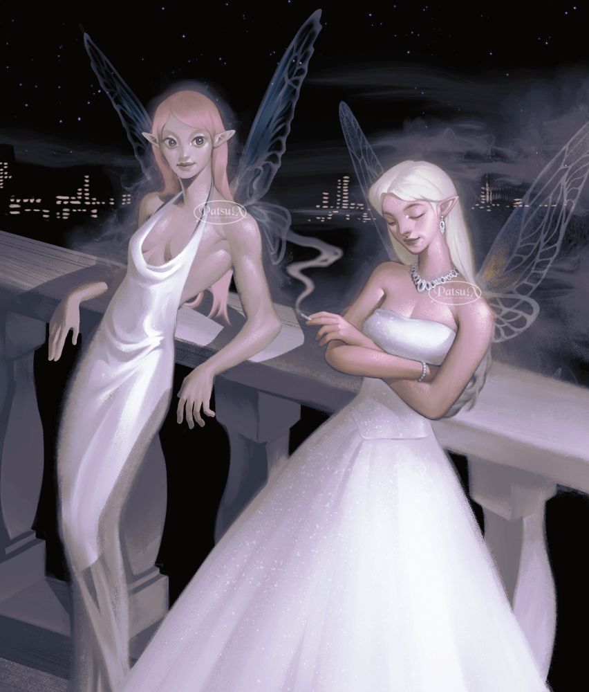 Digital painting of two fairies hanging out on a balcony overlooking a cityscape. One fairy is wearing a gown and jewelry, smoking a cigarette, and the other one is wearing a form fitting satin dress, leaning on the bannister. She is earnestly looking at the other fairy.